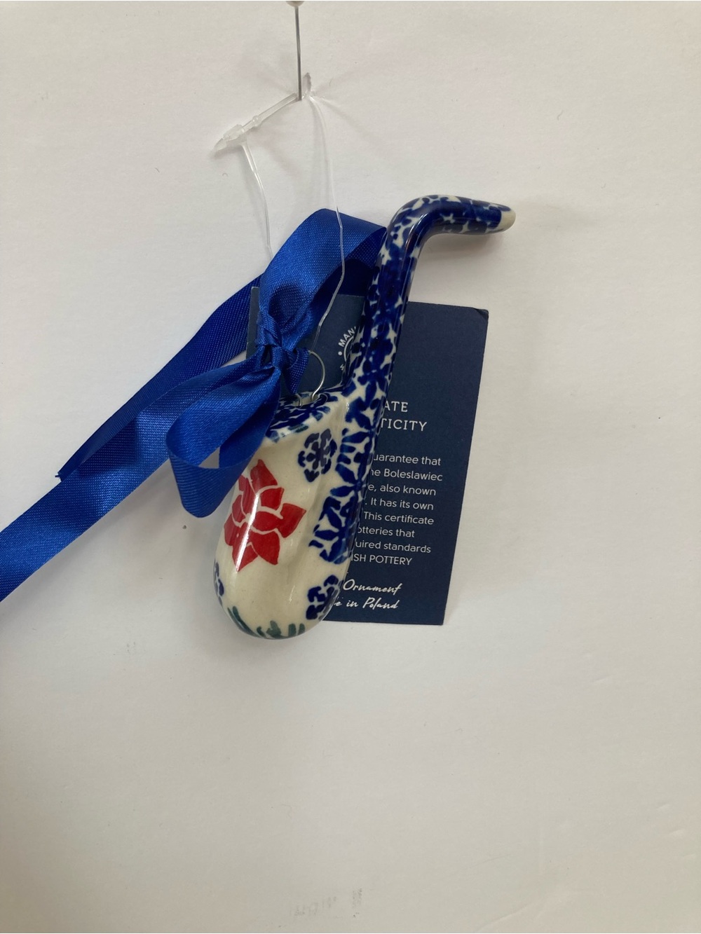 Polish Pottery Blue & Red Ceramic Saxophone Christmas Ornament